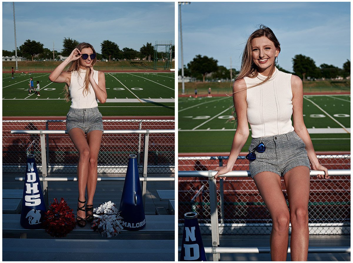 allen Cheerleader posing for senior pictures on the field
