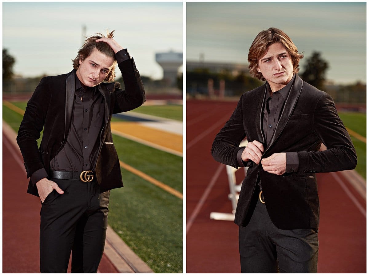 Prestonwood Christian Academy Senior Portraits of Riley on the football field in a black suit and Gucci belt
