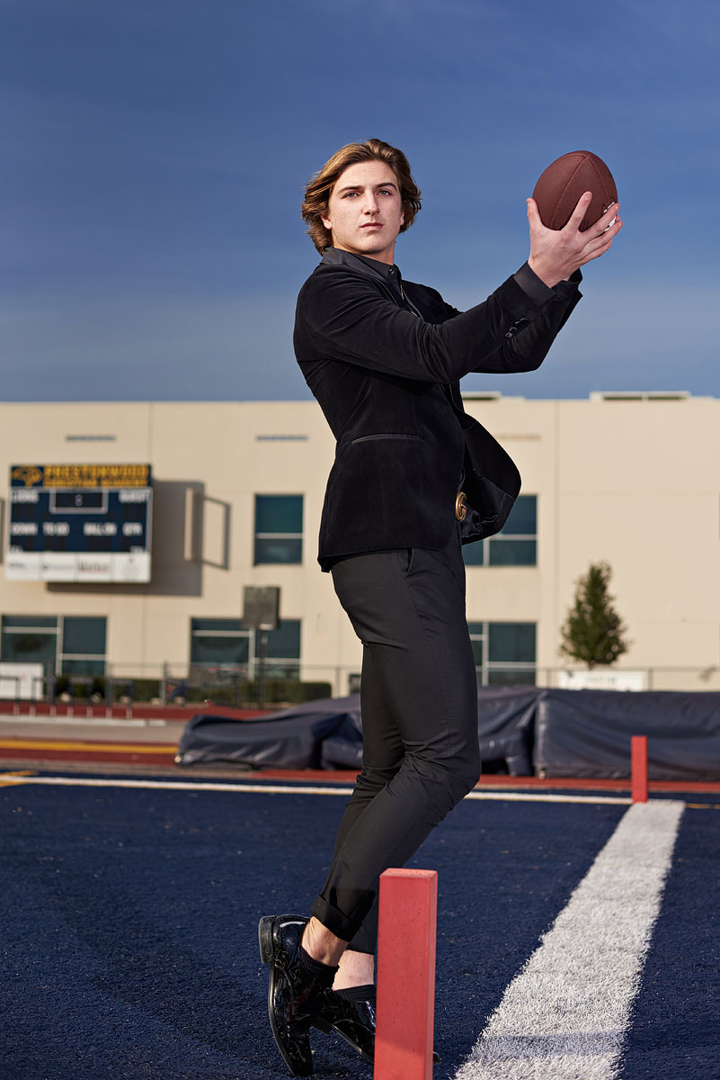 Prestonwood Football Senior Pictures End zone Catch Toes